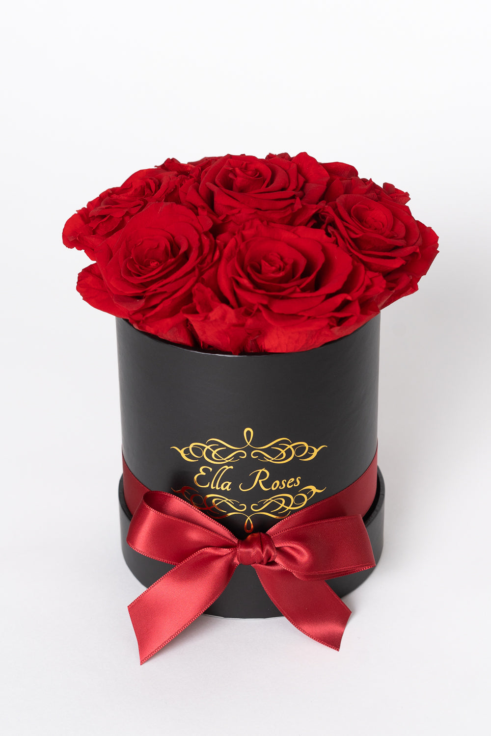 Medium Round Black Hat Box with Two Dozen Red Everlasting Preserved Roses | The Only Roses