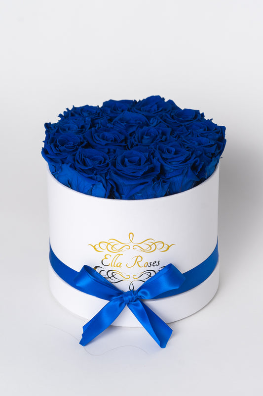 Medium White Round Box | Royal Blue Roses