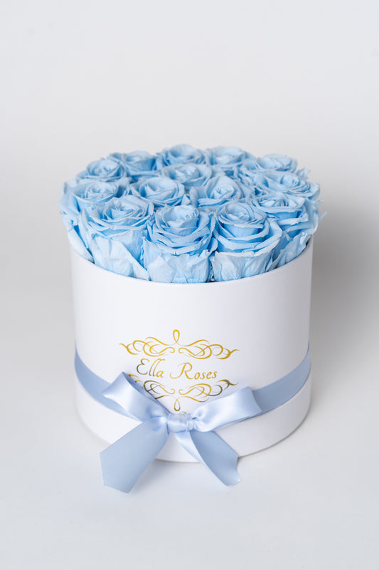 Medium White Round Box | Baby Blue Roses