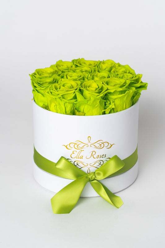 Medium White Round Box | Lime Roses