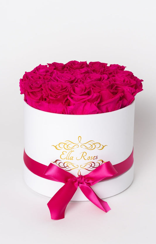 Medium White Round Box | Hot Pink Roses