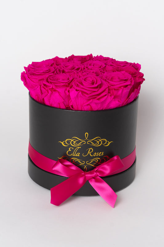 Medium Black Round Box | Hot Pink Roses
