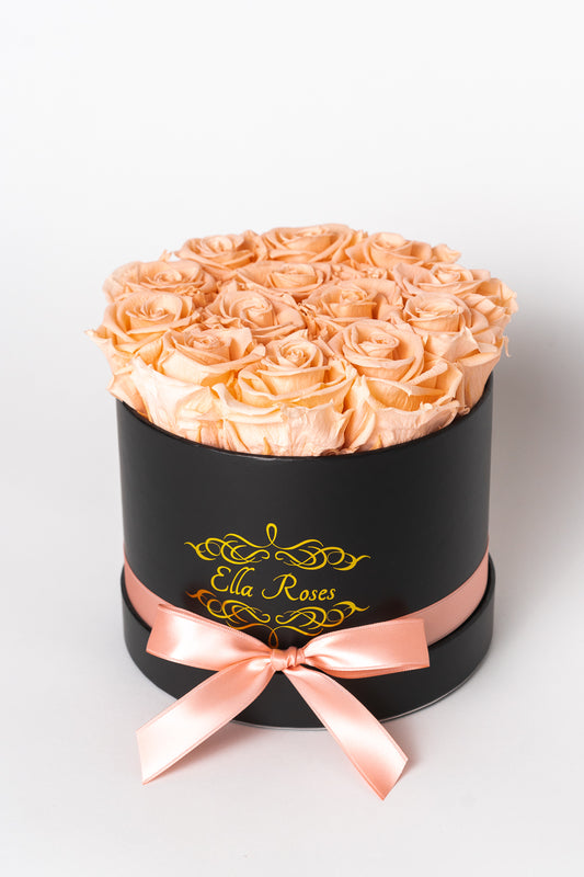 Medium Black Round Box | Peach Roses