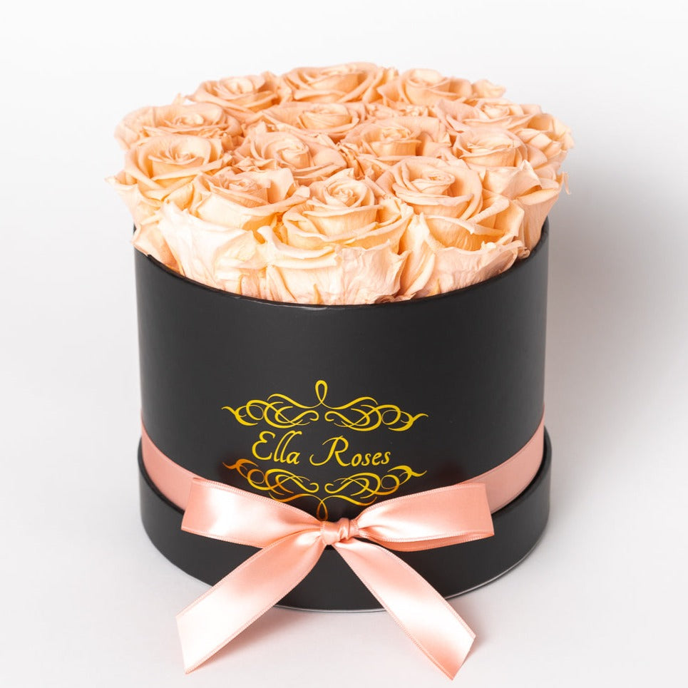 Medium Black Round Box | Peach Roses