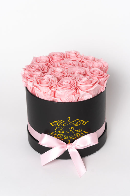 Medium Black Round Box | Baby Pink Roses
