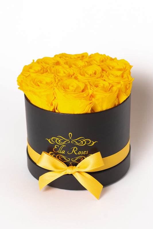 Medium Black Round Box | Yellow Roses
