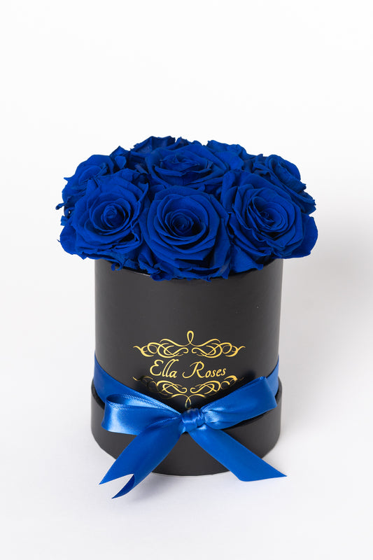 Small Black Round Box | Royal Blue Roses