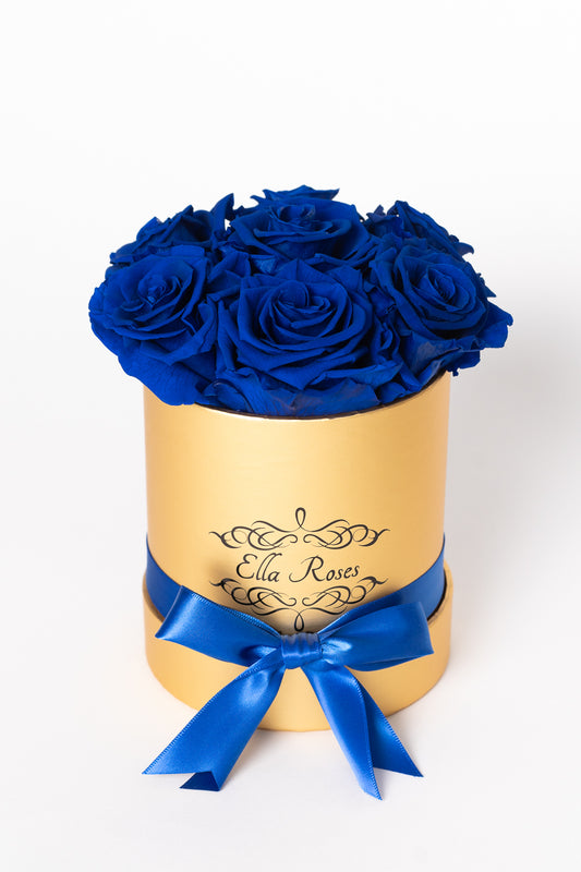 Small Gold Round Box | Royal Blue Roses