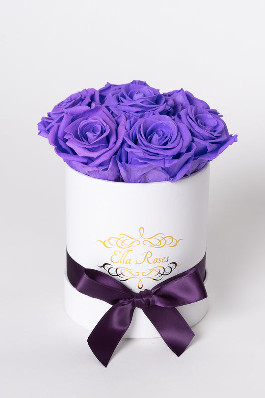 Small White Round Box | Purple Roses