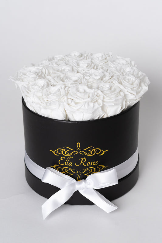 Medium Black Round Box | White Roses