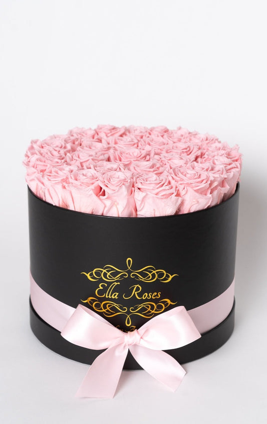 Large Black Round Box | Light Pink Roses