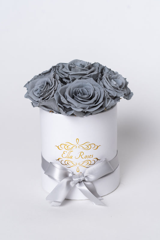 Small White Round Box | Grey Roses
