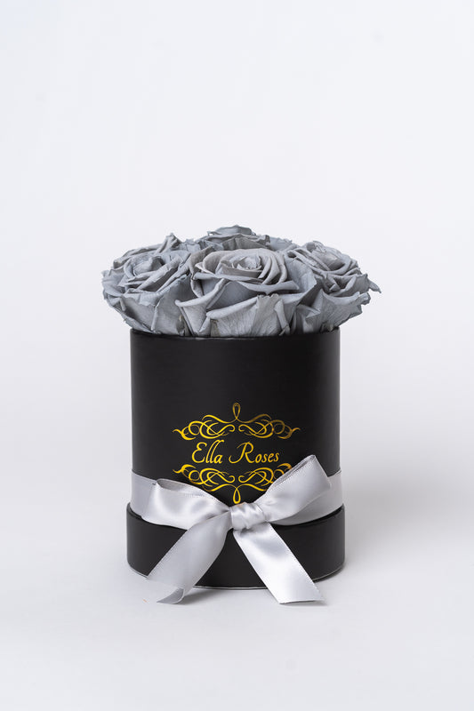Small Black Round Box | Grey Roses