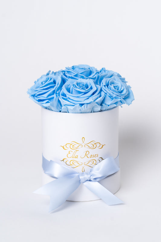 Small White Round Box | Baby Blue Roses