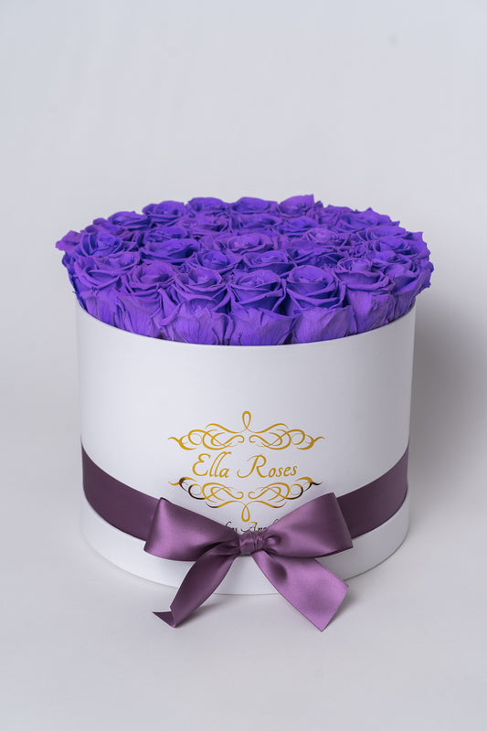 Large White Round Box | Purple Roses