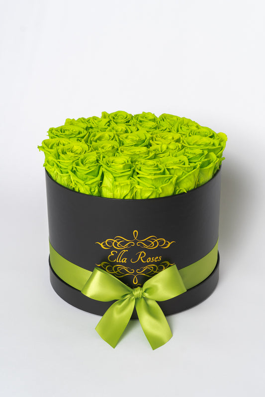 Large Black Round Box | Lime Green Roses