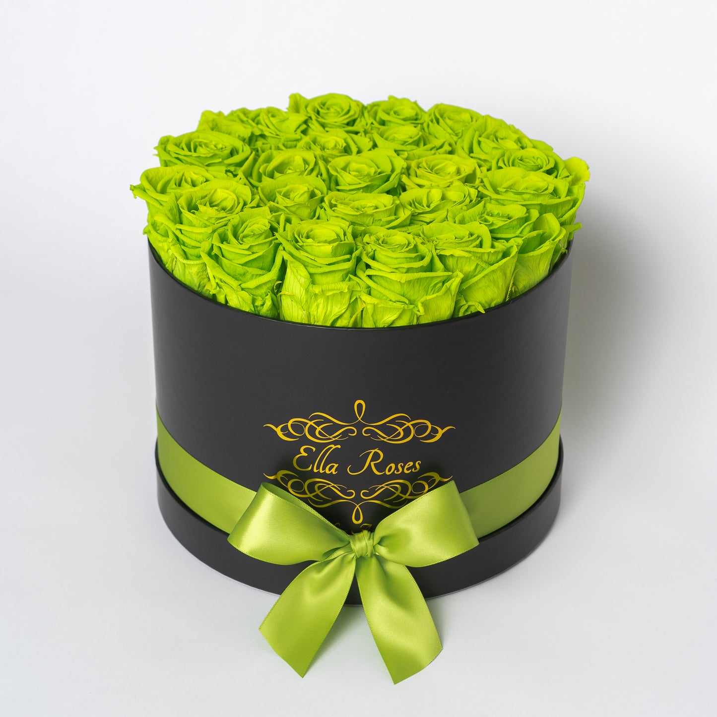Large Black Round Box | Lime Green Roses
