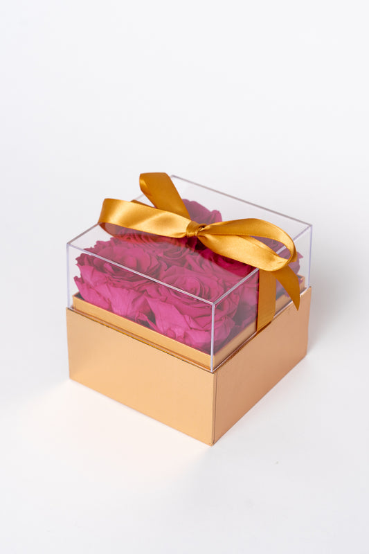 Small Gold Square Box with Acrylic Lid | Hot Pink Roses