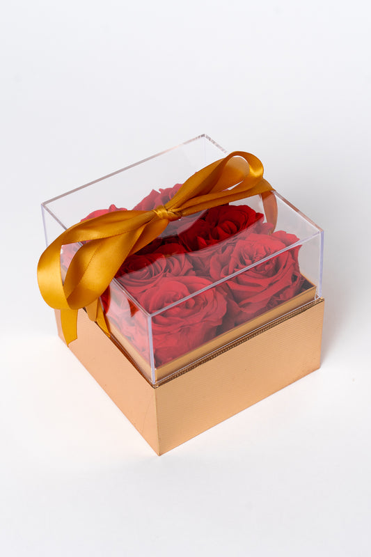 Small Gold Square Box with Acrylic Lid | Red Roses