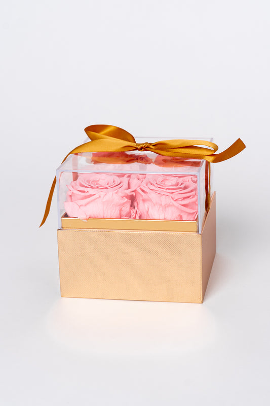 Small Gold Square Box with Acrylic Lid | Pink Roses