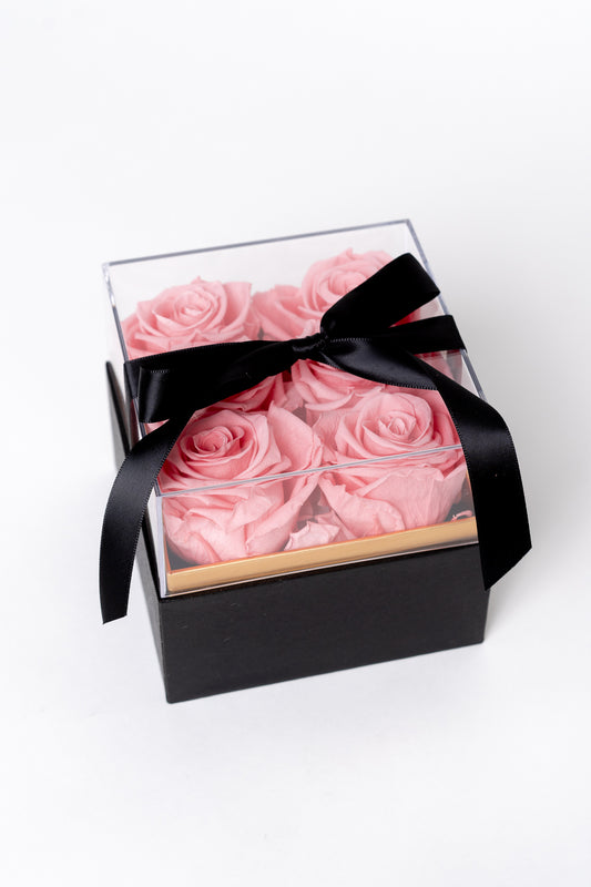 Small Black Square Box with Acrylic Lid | Pink Roses